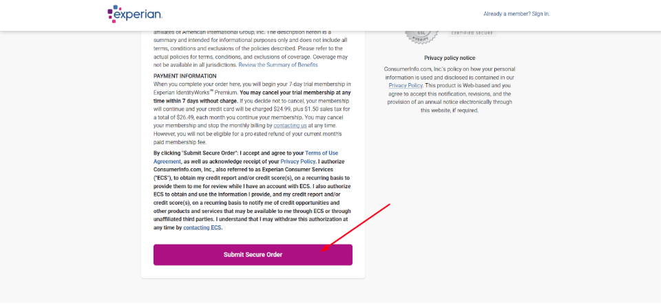 Experian Submit Secure Order button