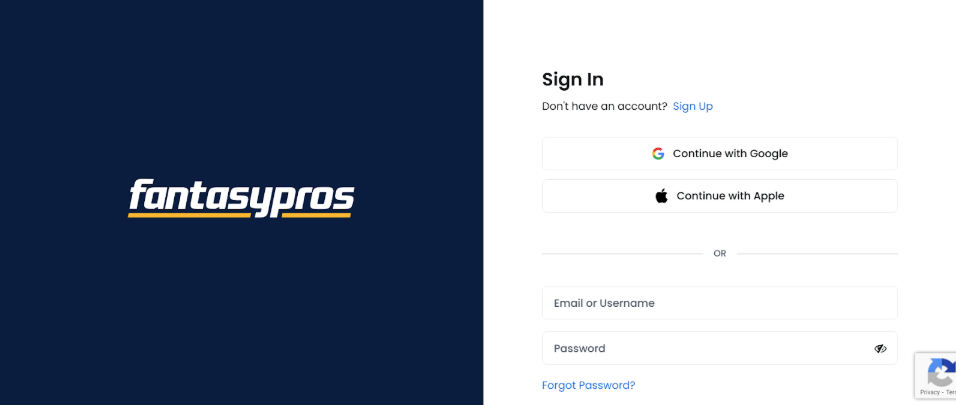 FantasyPros Website Sign up page