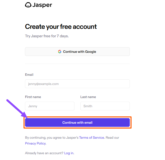 Jasper AI Sign Up Page
