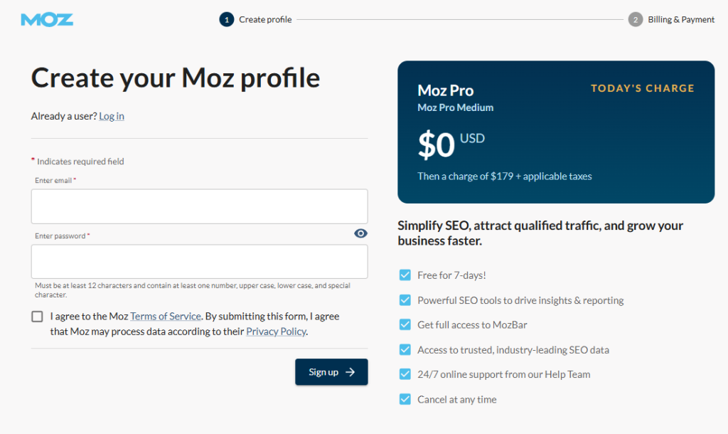Moz Sign Up Page