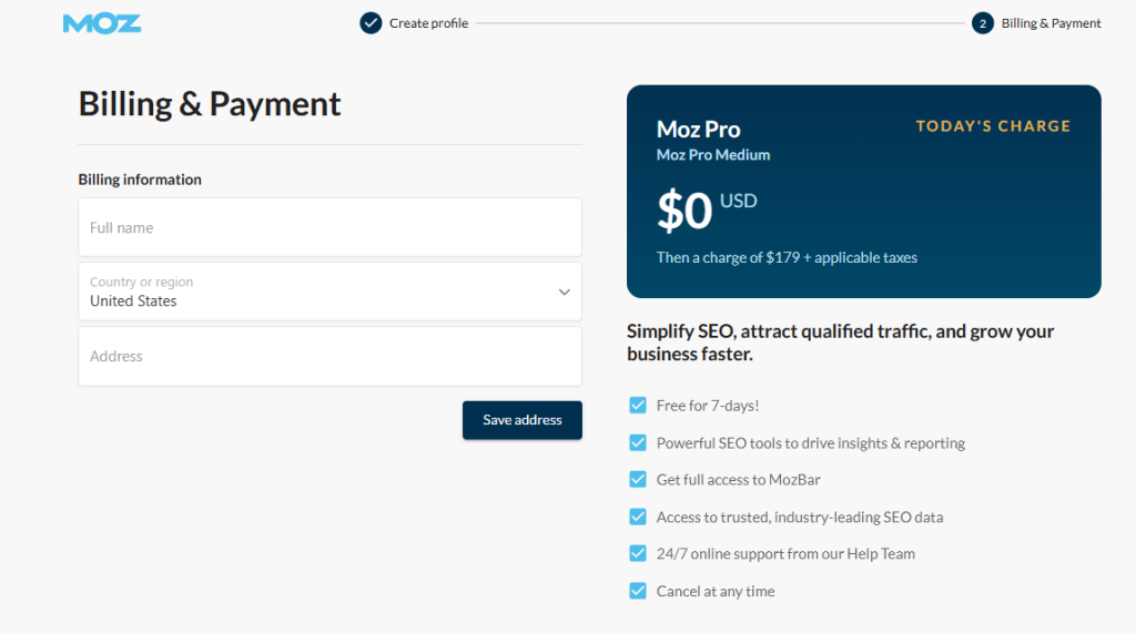 Moz billing information