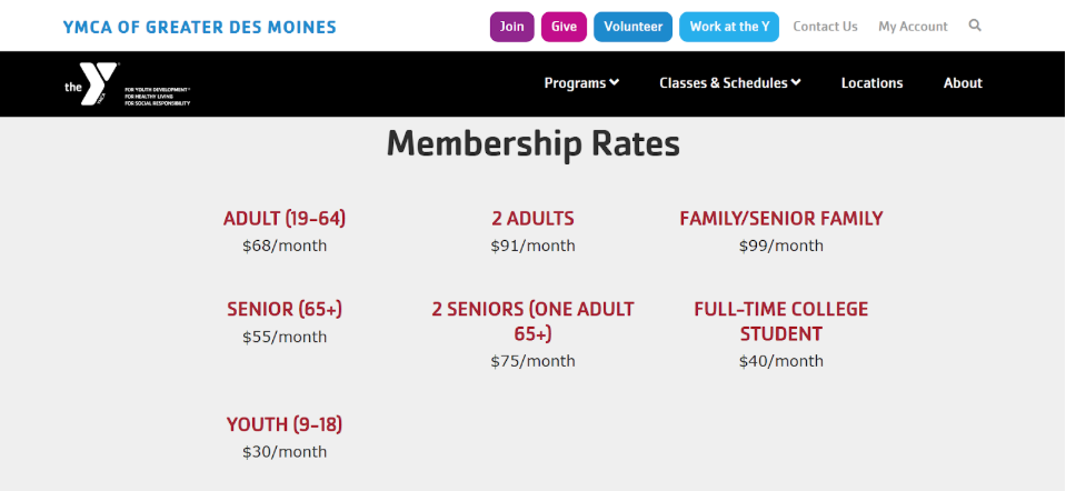 YMCA membership rates