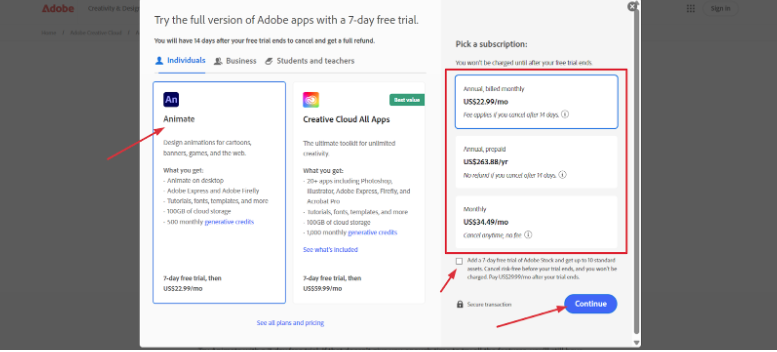 Adobe Animate free trial Selection