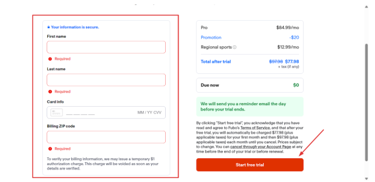 Click on 'Start free trial'