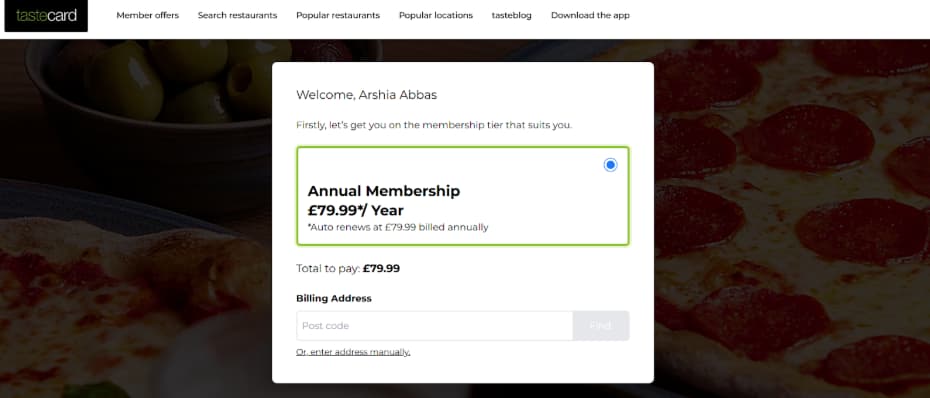 Enter billing address in Tastecard