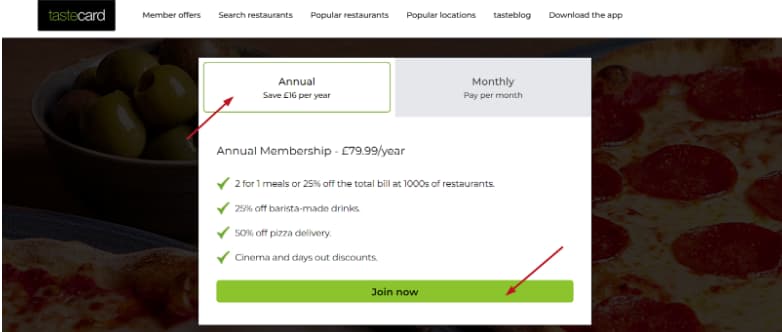 Tastecard Annual and monthly plans