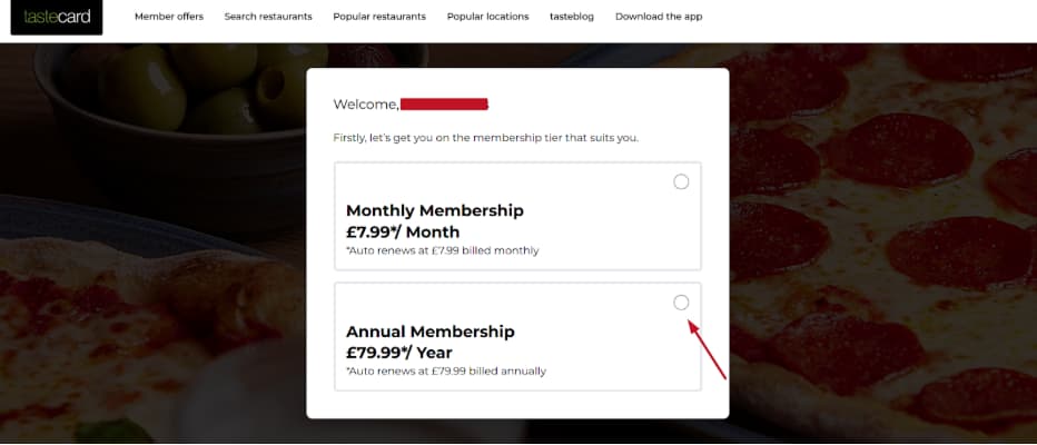 Tastecard membership selection page