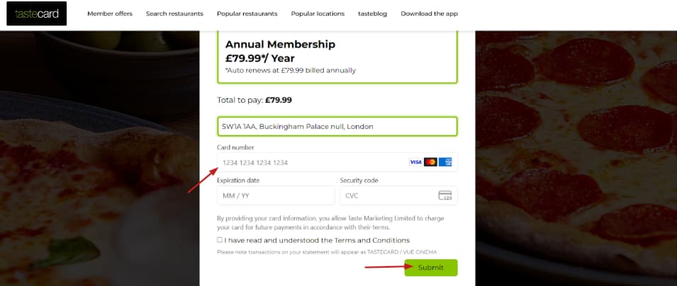 Tastecard payment info