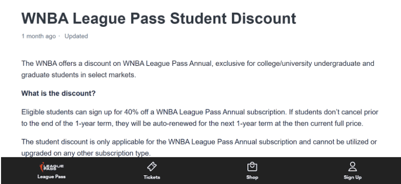 WNBA League Pass student discount