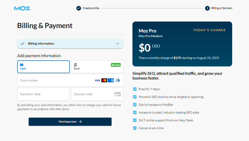 Moz checkout page