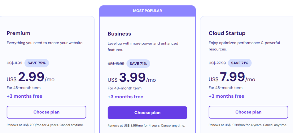 Hostinger Web Hosting Pricing Plans