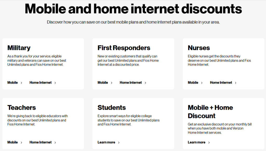Verizon Discounts page