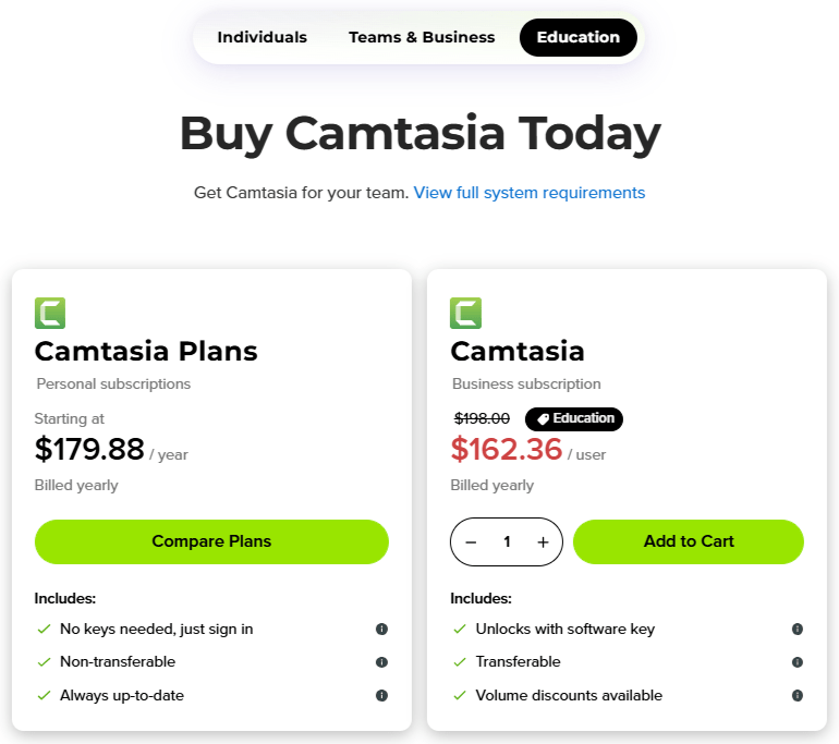 Camtasia Education Pricing Plans