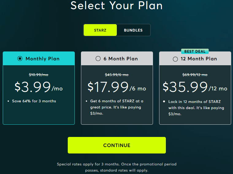 STARZ Pricing Plans